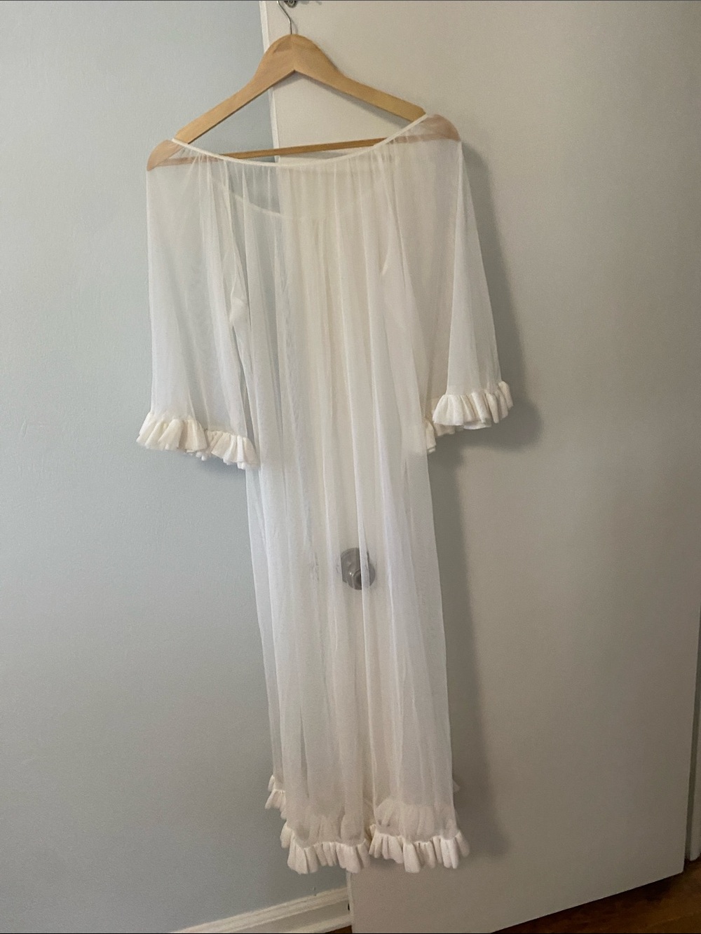 Sheer Cream Ruffle-Trim Long Robe with Tie Front - Picture 5 of 5